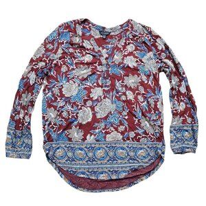 Lucky Brand Womens Blouse Top Maroon Floral Long Sleeve Size XS‎